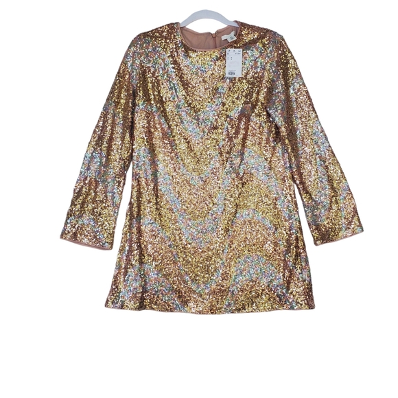 New Sequin Mini Dress Flare Sleeve Stretchy Pastel Champagne Size M NWT! Rose - Picture 2 of 12